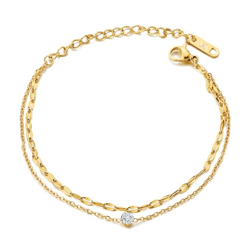 KIM JOHANSON® Edelstahl Damen Fußkettchen *Giulia* in Silber, Gold & Roségold | Mehrreihige Fußkette mit einem Zirkonia | Wasserfest | Boho Schmuck für Frauen | Verstellbare Länge | Inkl Schmuckbeutel von Kim Johanson