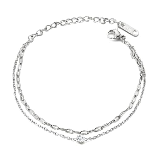 KIM JOHANSON® Edelstahl Damen Fußkettchen *Giulia* in Silber, Gold & Roségold | Mehrreihige Fußkette mit einem Zirkonia | Wasserfest | Boho Schmuck für Frauen | Verstellbare Länge | Inkl Schmuckbeutel von Kim Johanson