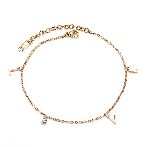 KIM JOHANSON® Edelstahl Damen Fußkettchen *LOVE* in Roségold | Fußkette mit Zirkonia Steinchen | Fußschmuck Rostfrei & Wasserfest | Fußband | Boho Schmuck für Frauen | Verstellbar inkl. Schmuckbeutel von Kim Johanson