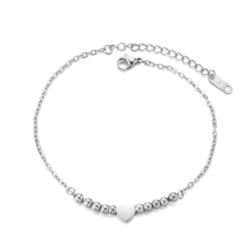 KIM JOHANSON® Edelstahl Damen Fußkettchen *Viola* in Silber & Roségold | Herz Fußkette mit vielen festen Kugeln | Wasserfest | Boho Schmuck für Frauen | Verstellbare Länge | Inkl. Schmuckbeutel von Kim Johanson