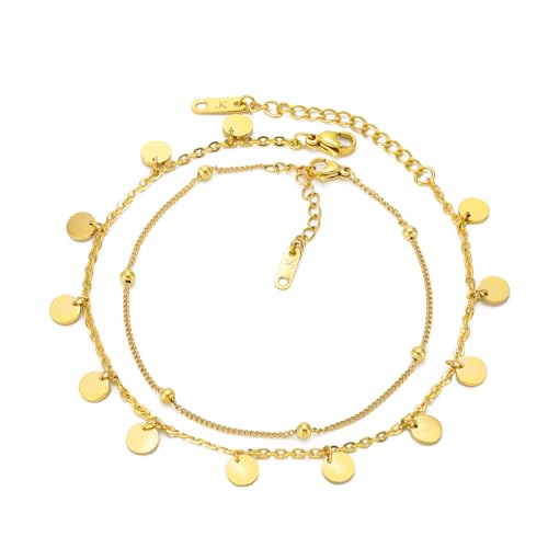 KIM JOHANSON® Edelstahl Damen Fußkettchen Set *Pure* in Silber, Gold & Roségold | Multi Layer Fußketten mit Plättchen | Wasserfest | Boho Schmuck für Frauen | Verstellbare Länge | Schmuckbeutel von Kim Johanson