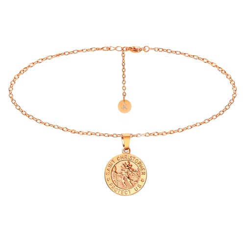 KIM JOHANSON® Edelstahl Damen Halskette mit Anhänger *Der Heilige Christophorus* in Roségold | Boho Schmuck für Frauen | Coin Kette mit Gravur | Wasserfest | Verstellbare Länge | inkl. Schmuckbeutel von Kim Johanson