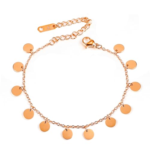 KIM JOHANSON® Edelstahl Damen Multi Layer Armband *Adela* in Roségold | Armkette mit 12 runden Plättchen | Wasserfest | Boho Schmuck für Frauen | Kreise Kette | Verstellbare Länge | Inkl Schmuckbeutel von Kim Johanson