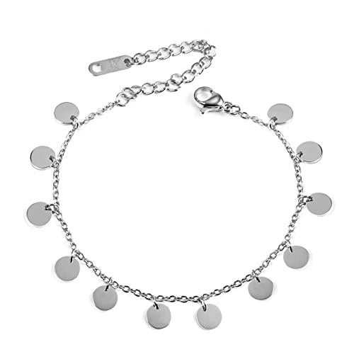 KIM JOHANSON® Edelstahl Damen Multi Layer Armband *Adela* in Silber | Armkette mit 12 runden Plättchen | Wasserfest | Boho Schmuck für Frauen | Kreise Kette | Verstellbare Länge | Inkl. Schmuckbeutel von Kim Johanson