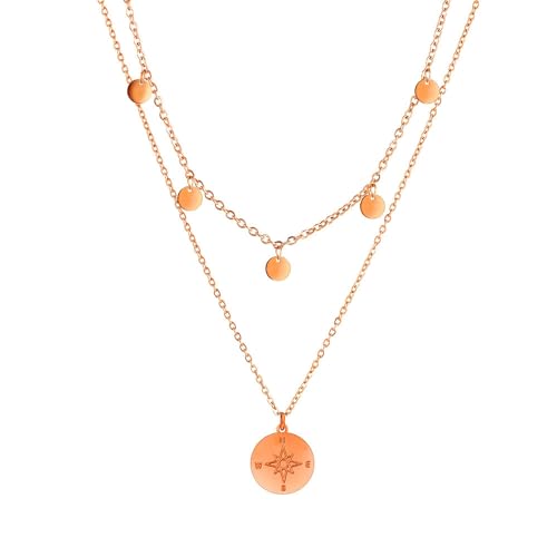 KIM JOHANSON® Edelstahl Damen Multi Layer Halsketten *Coin & Compass* in Silber, Gold & Roségold | Mit 5 Plättchen | Boho Schmuck für Frauen | Kreise Kette | Wasserfest | Verstellbar | Schmuckbeutel von Kim Johanson