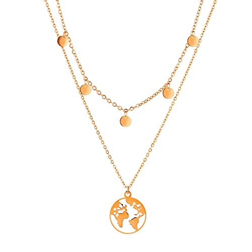 KIM JOHANSON® Edelstahl Damen Multi Layer Halsketten *Coin & World* in Silber, Gold & Roségold | Mit 5 Plättchen | Boho Schmuck für Frauen | Kreise Kette | Wasserfest | verstellbar inkl. Schmuckbeutel von Kim Johanson