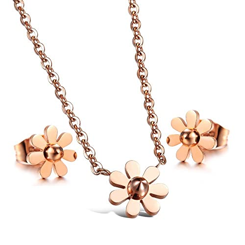 KIM JOHANSON® Edelstahl Damen Schmuckset *Daisy* Gänseblümchen Halskette mit Anhänger & Ohrringe in Roségold I Boho Schmuck für Frauen & Mädchen I Blume I Verstellbar I Wasserfest inkl. Schmuckbeutel von Kim Johanson
