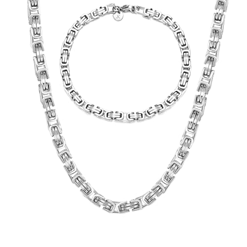 KIM JOHANSON® Edelstahl Herren Königskette Set in Silber | Armband und Halskette | Breite Kette für Männer | Wasserfest | Dicke Armkette | Verschiedene Längen | 5mm Breit | Massive Silberkette (55 CM) von Kim Johanson