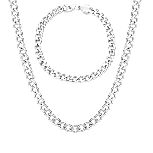 KIM JOHANSON® Edelstahl Herren Panzerkette Set in Silber | Armband und Halskette | Breite Kette für Männer | Wasserfest | Dicke Armkette | Verschiedene Längen | 6mm Breit | Massive Silberkette (55 CM) von Kim Johanson
