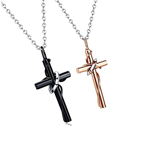 KIM JOHANSON® Edelstahl Pärchen Halsketten *Cross* in Silber, Roségold & Schwarz | Schmuck mit Kreuz & Ring | Paar Ketten | Geschenk für Paare | Wasserfest | BFF | Verstellbar inkl. Schmuckbeutel von Kim Johanson