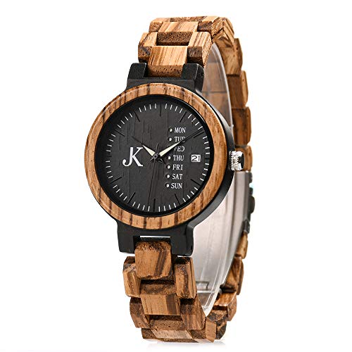 KIM JOHANSON® Holz-Edelstahl Armbanduhr *Week* für Damen und Herren | Mit Datum- & Tagesanzeige | Handgefertigt | Quarz | Analog Uhr | Vegan | Geschenk | Silber | Verstellbares Armband | Inkl Uhrenbox von Kim Johanson