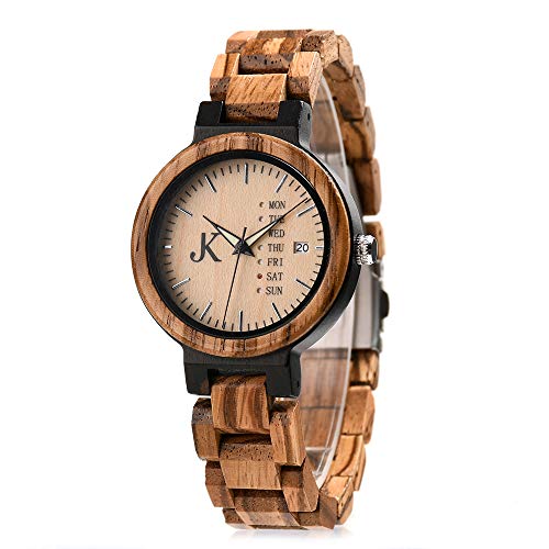 KIM JOHANSON® Holz-Edelstahl Armbanduhr *Week* für Damen und Herren | Mit Datum- & Tagesanzeige | Handgefertigt | Quarz | Analog Uhr | Vegan | Geschenk | Silber | Verstellbares Armband | Inkl Uhrenbox von Kim Johanson