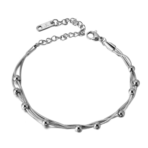 Kim Johanson® Edelstahl Damen Armband *Kala* in Silber | Armkette mit vielen festen Kugeln | Wasserfest | Boho Schmuck für Frauen | Kreise | Multi Layer | Verstellbare Länge | Inkl. Schmuckbeutel von Kim Johanson