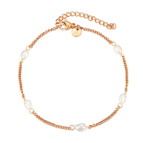 Kim Johanson® Edelstahl Damen Fußkettchen *Pearl* in Silber, Gold & Roségold | Fußkette mit echten Perlen | Wasserfest | Boho Schmuck für Frauen | Verstellbare Länge | Multi Layer Kette von Kim Johanson