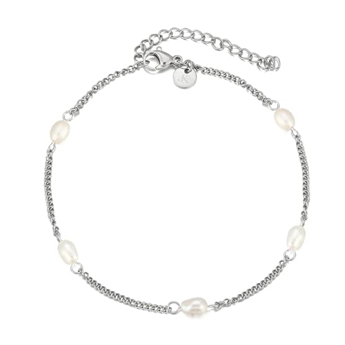 Kim Johanson® Edelstahl Damen Fußkettchen *Pearl* in Silber, Gold & Roségold | Fußkette mit echten Perlen | Wasserfest | Boho Schmuck für Frauen | Verstellbare Länge | Multi Layer Kette von Kim Johanson