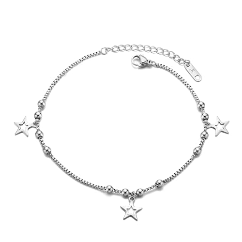 Kim Johanson® Edelstahl Damen Fußkettchen *Star* in Silber | Fußkette mit beweglichen Sternen & Kugeln | Wasserfest | Boho Schmuck für Frauen | Verstellbare Länge | Multi Layer Kette | Schmuckbeutel von Kim Johanson