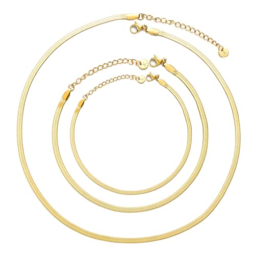 Kim Johanson® Edelstahl Damen Schlangenkette Set *Lia* Halskette, Armband & Fußkettchen in Silber, Gold & Roségold | Multi Layer Schmuckset | Wasserfest | Boho Schmuck für Frauen | Verstellbare Länge von Kim Johanson