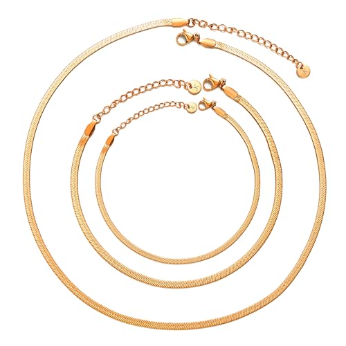 Kim Johanson® Edelstahl Damen Schlangenkette Set *Lia* Halskette, Armband & Fußkettchen in Silber, Gold & Roségold | Multi Layer Schmuckset | Wasserfest | Boho Schmuck für Frauen | Verstellbare Länge von Kim Johanson