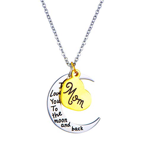 Kim Johanson Damen Halskette *Mama, Ich Liebe Dich bis zum Mond und zurück* in Silber mit einem Herz in Gold Mom Mutter Geschenk inkl. Schmuckbeutel von Kim Johanson