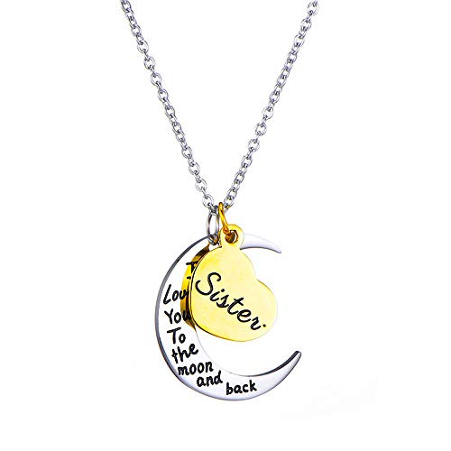 Kim Johanson Damen Halskette *Schwester, Ich Liebe Dich bis zum Mond und zurück* in Silber mit einem Herz in Gold Sister Geschenk inkl. Schmuckbeutel von Kim Johanson