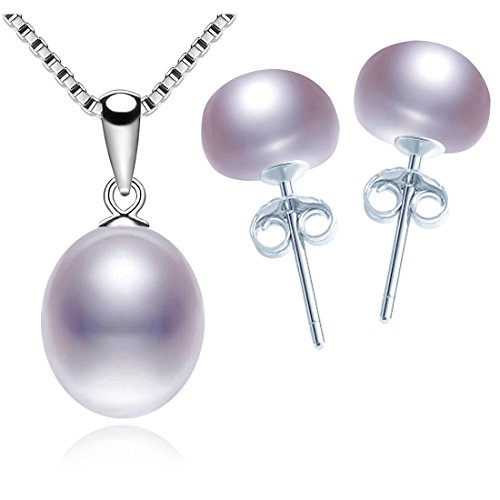 Kim Johanson Damen Perlen Schmuckset "Chic" aus 925 Sterling Silber mit echten lila Süßwasser Perlen Halskette & Ohrringe inkl. Schmuckbeutel von Kim Johanson