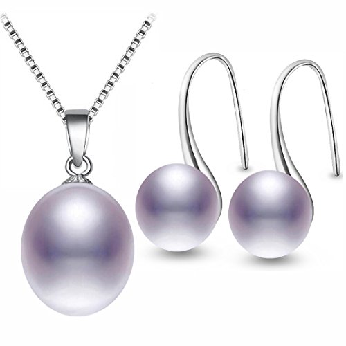 Kim Johanson Damen Perlen Schmuckset "Eva" aus 925 Sterling Silber mit echten lila Süßwasser Perlen Halskette & Ohrringe inkl. Schmuckbeutel von Kim Johanson