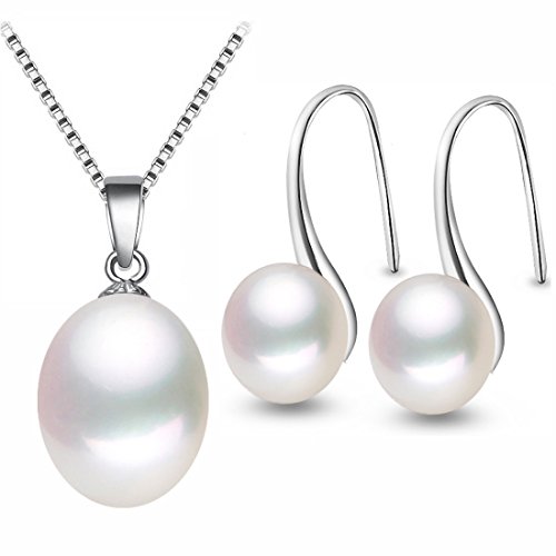 Kim Johanson Damen Perlen Schmuckset "Eva" aus 925 Sterling Silber mit echten weißen Süßwasser Perlen Halskette & Ohrringe inkl. Schmuckbeutel von Kim Johanson