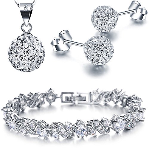 Kim Johanson Damen Schmuckset *Classic* in Silber I Halskette mit Anhänger & Ohrringen aus 925 Sterling Silber I Armband rhodiniert I Mit weißen Kristallen besetzt inkl. Schmuckbeutel von Kim Johanson