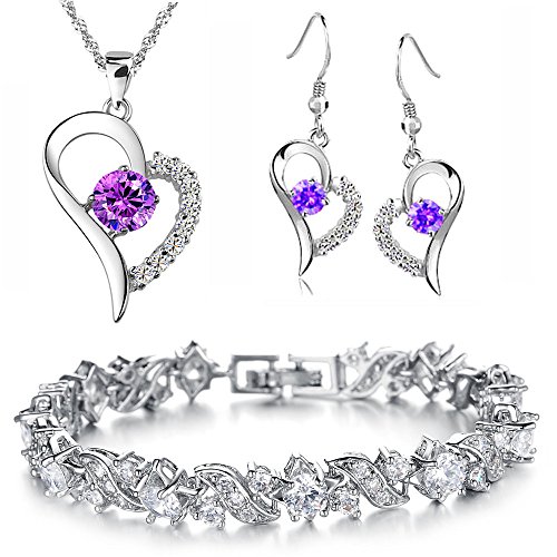 Kim Johanson Damen Schmuckset *Purple Heart* in Silber I Halskette mit Anhänger & Ohrringen aus Edelstahl I Armband rhodiniert I Mit weißen Kristallen besetzt inkl. Schmuckbeutel von Kim Johanson