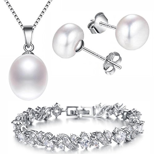 Kim Johanson Damen Schmuckset *White Pearl* in Silber mit echten Süßwasser Perlen besetzt I Halskette mit Anhänger & Ohrringen aus 925 Sterling Silber I Armband rhodiniert I inkl. Schmuckbeutel von Kim Johanson
