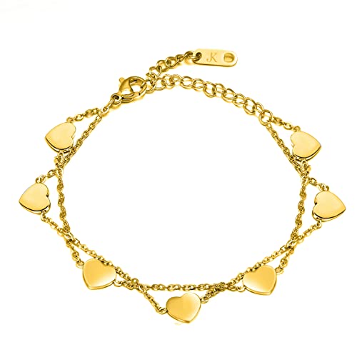 Kim Johanson Edelstahl Damen Armband *Heart* in Silber, Gold & Roségold | Armkette mit 7 Herzen | Boho Schmuck | Verstellbar inkl. Schmuckbeutel (Gold) von Kim Johanson