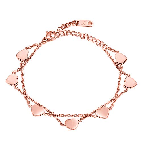 Kim Johanson Edelstahl Damen Armband *Heart* in Silber, Gold & Roségold | Armkette mit 7 Herzen | Boho Schmuck | Verstellbar inkl. Schmuckbeutel (Roségold) von Kim Johanson