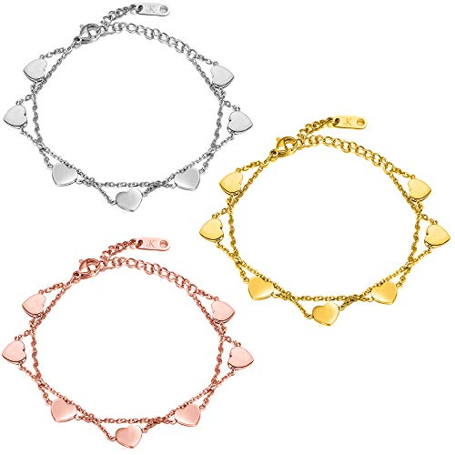 Kim Johanson Edelstahl Damen Armband *Heart* in Silber, Gold & Roségold | Armkette mit 7 Herzen | Boho Schmuck | Verstellbar inkl. Schmuckbeutel (Silber + Gold + Roségold) von Kim Johanson