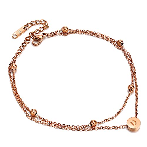 Kim Johanson Edelstahl Damen Fußkettchen *Buchstabe* in Roségold Doppelte Fußkette mit 6 Kugeln | Buchstaben A bis Z | Wasserfest | Frauen Boho Schmuck | Verstellbar inkl. Schmuckbeutel (D) von Kim Johanson