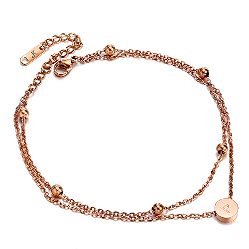 Kim Johanson Edelstahl Damen Fußkettchen *Buchstabe* in Roségold Doppelte Fußkette mit 6 Kugeln | Buchstaben A bis Z | Wasserfest | Frauen Boho Schmuck | Verstellbar inkl. Schmuckbeutel (P) von Kim Johanson
