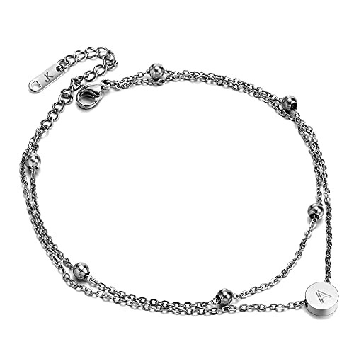 Kim Johanson Edelstahl Damen Fußkettchen *Buchstabe* in Silber Doppelte Fußkette mit 6 Kugeln | Buchstaben A bis Z | Wasserfest | Frauen Boho Schmuck | Verstellbar inkl. Schmuckbeutel (A) von Kim Johanson