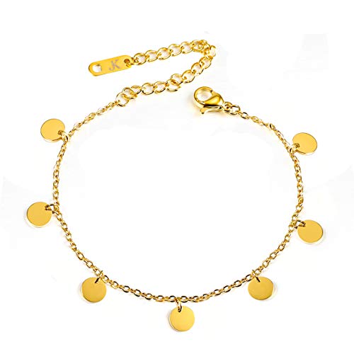 Kim Johanson Edelstahl Damen Fußkettchen *Coins* in Gold Fußkette mit 7 kleinen Plättchen | Kugeln | Frauen Boho Schmuck | Verstellbar inkl. Schmuckbeutel von Kim Johanson