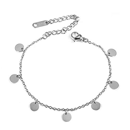 Kim Johanson Edelstahl Damen Fußkettchen *Coins* in Silber | Fußkette mit 7 kleinen Plättchen | Kugeln Fußband | Frauen Boho Schmuck | Verstellbar inkl. Schmuckbeutel von Kim Johanson