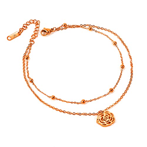 Kim Johanson Edelstahl Damen Fußkettchen *Flower* in Silber, Gold & Roségold | Doppelte Fußkette mit Kugeln | Blume Anhänger | Frauen Boho Schmuck | Wasserfest | Rose | Verstellbar inkl. Schmuckbeutel von Kim Johanson