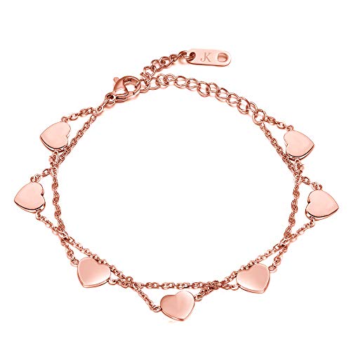 Kim Johanson Edelstahl Damen Fußkettchen *Heart* in Silber, Gold & Roségold | Fußkette mit 7 Herzen | Boho Schmuck | Verstellbar inkl. Schmuckbeutel (Roségold) von Kim Johanson