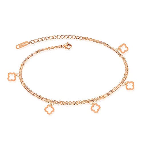 Kim Johanson Edelstahl Damen Fußkettchen *Lucky Charm* in Roségold | Doppelte Fußkette mit Kugeln | Kleeblatt Fußband | Kreuz | Frauen Boho Schmuck | Verstellbar inkl. Schmuckbeutel von Kim Johanson