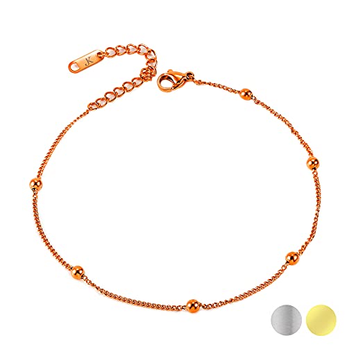 Kim Johanson Edelstahl Damen Fußkettchen *Yuna* in Silber, Gold & Roségold Fußkette mit 6 Kugeln | Wasserfest | Frauen Boho Schmuck | Verstellbar inkl. Schmuckbeutel (Roségold) von Kim Johanson