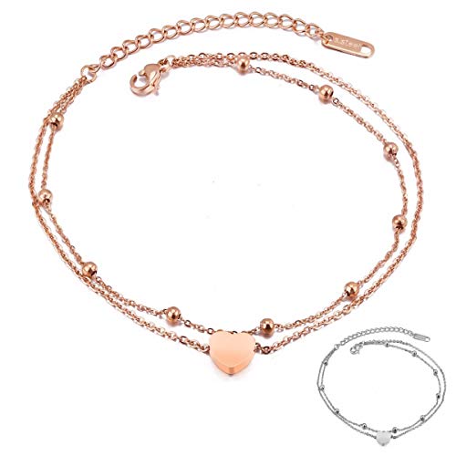 Kim Johanson Edelstahl Damen Fußkettchen *Heart* in Silber & Roségold mit einem starken Karabinerverschluss | Boho Schmuck | Verstellbar inkl. Schmuckbeutel (Roségold) von Kim Johanson