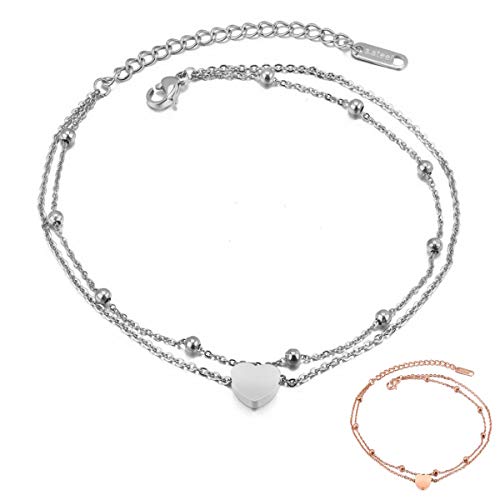 Kim Johanson Edelstahl Damen Fußkettchen *Heart* in Silber & Roségold mit einem starken Karabinerverschluss | Boho Schmuck | Verstellbar inkl. Schmuckbeutel (Silber) von Kim Johanson