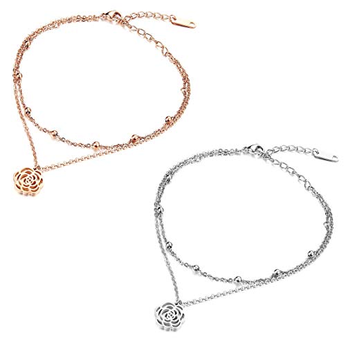 Kim Johanson Edelstahl Damen Fußkettchen Set *Rose* in Roségold & Silber mit einem starken Karabinerverschluss inkl. Schmuckbeutel (Roségold + Silber) von Kim Johanson