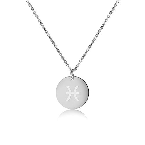 Kim Johanson Edelstahl Damen Halskette *Zodiac* in Silber | Horoskop Kette mit rundem Anhänger | Sternzeichen | Boho Schmuck | Verstellbar inkl. Schmuckbeutel (Fische 20.02. - 20.03.) von Kim Johanson