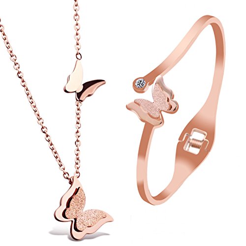 Kim Johanson Edelstahl Damen Schmuckset *Butterfly* Halskette mit Anhänger & Armreif in Roségold inkl. Schmuckbeutel von Kim Johanson