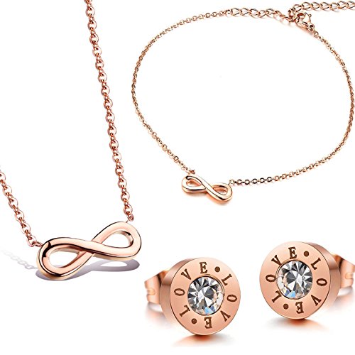 Kim Johanson Edelstahl Damen Schmuckset "Big Infinity Love" Kette mit Anhänger, Fußkettchen & Ohrringe in Roségold Unendlichkeit Zeichen inkl. Schmuckbeutel von Kim Johanson