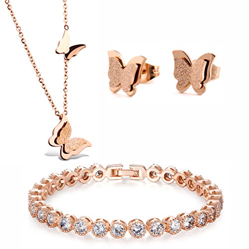 Kim Johanson Edelstahl Damen Schmuckset "Schmetterling" in Roségold Halskette mit Anhänger, Ohrringe & Armband mit Zirkonia Steinchen besetzt inkl. Schmuckbeutel von Kim Johanson