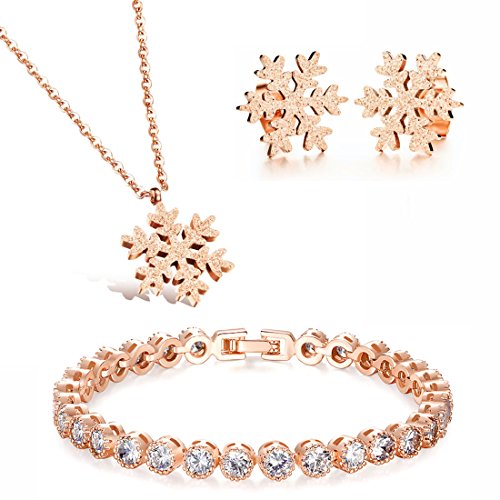 KIM JOHANSON® Damen Schmuckset *Schneeflocke* Halskette mit Anhänger & Ohrringe aus Edelstahl in Roségold | Set für Frauen | Glänzend | Kristall Armband | Winterschmuck | Weihnachten | Schmuckbeutel von Kim Johanson